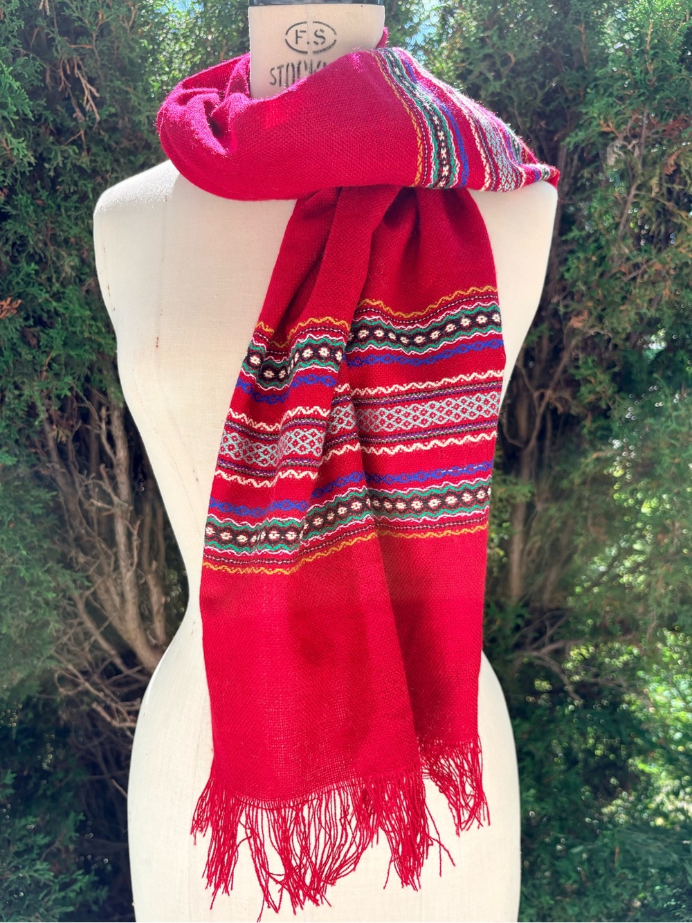 Red Patterned Fringe Scarf